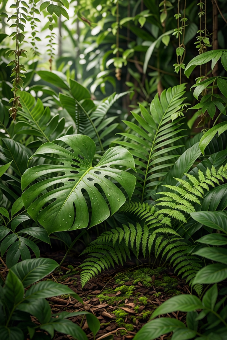 Lush tropical green botanical leaves background